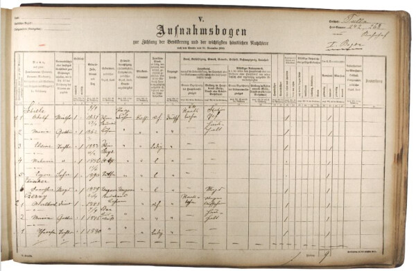 Eintrag von Adolf, Marie, Elvira, Melanie und Egon Schiele im Aufnahmsbogen der Volkszählung der Stadt Tulln Bild 1