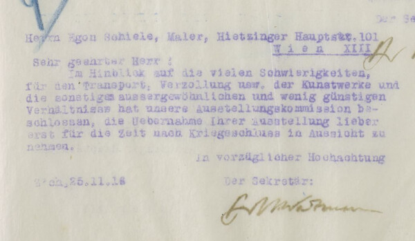 Maschinenschriftliche Postkarte von Wilhelm Wartmann/Zürcher Kunstgesellschaft an Egon Schiele (Durchschlag)