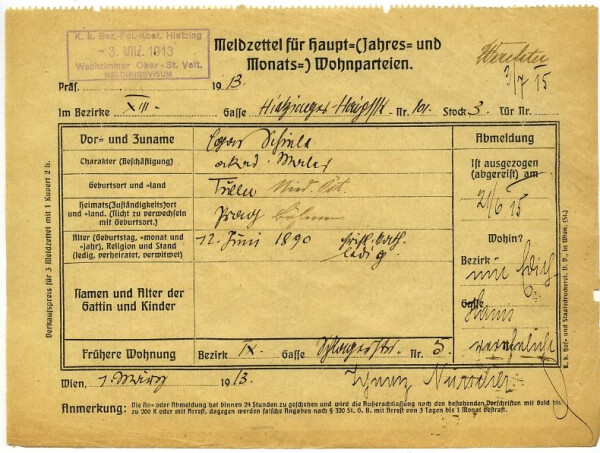 Meldezettel von Egon Schiele im 13. Bezirk, Hietzinger Hauptstraße 101 – ausgefüllt von Egon Schiele