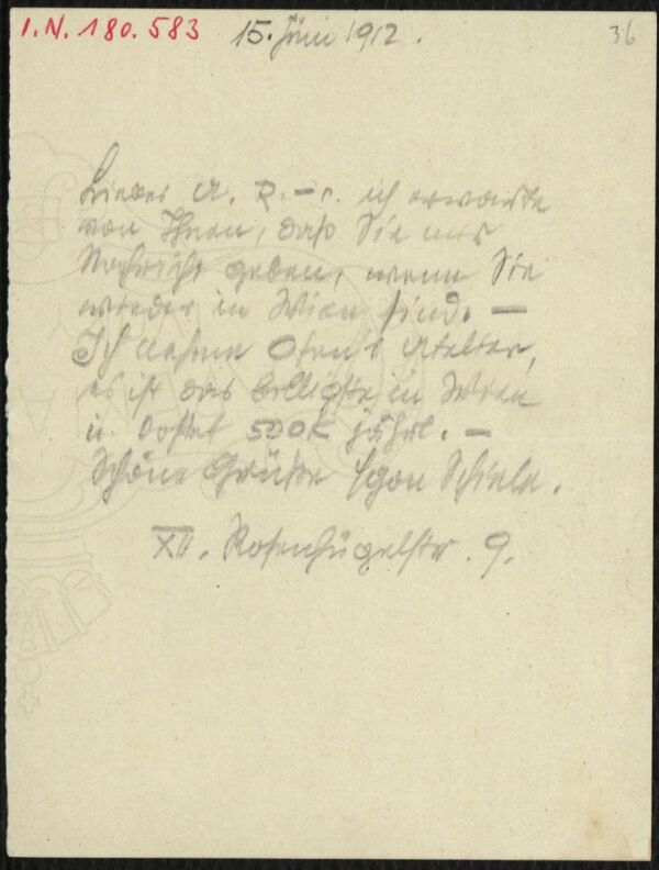 Brief von Egon Schiele an Arthur Roessler 