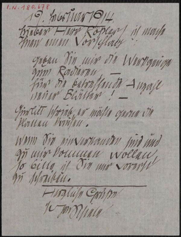Brief von Egon Schiele an Arthur Roessler 