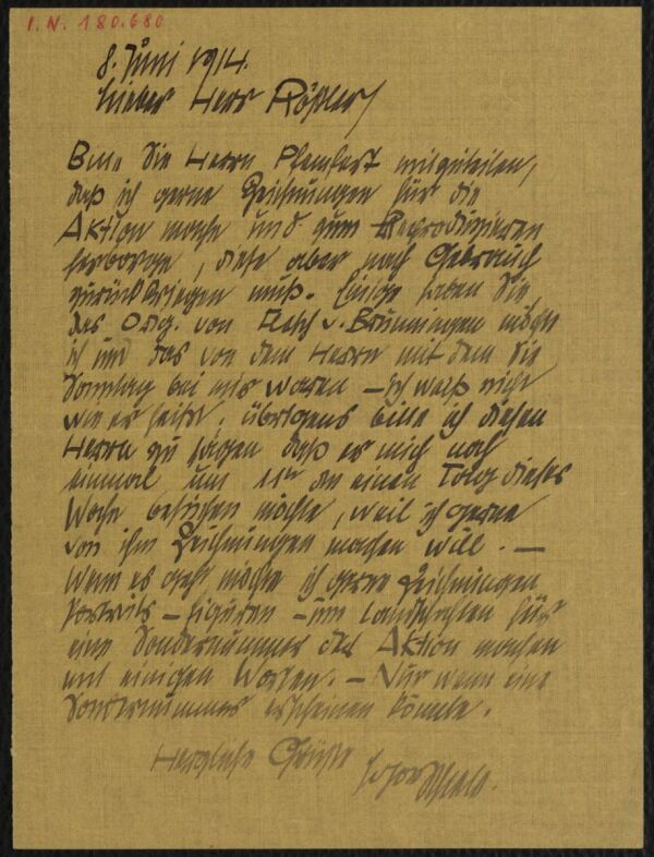 Brief von Egon Schiele an Arthur Roessler