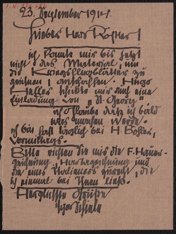Brief von Egon Schiele an Arthur Roessler