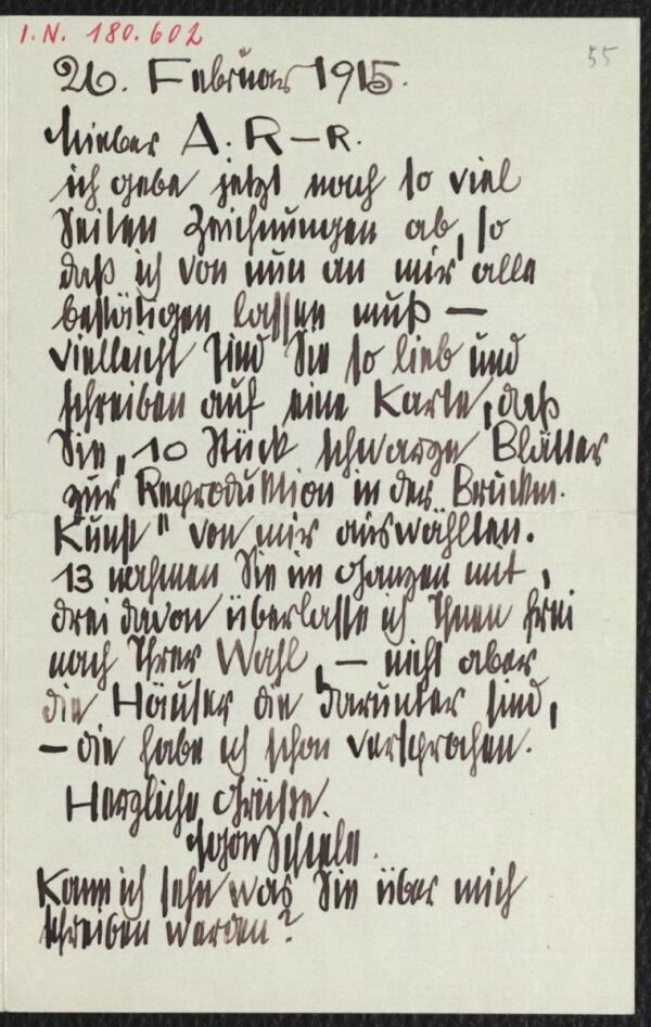 Brief von Egon Schiele an Arthur Roessler