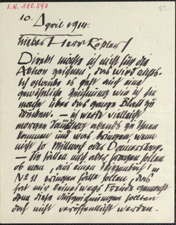 Brief von Egon Schiele an Arthur Roessler 