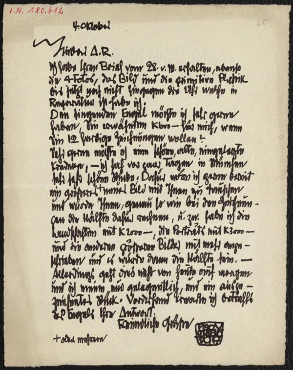 Letter from Egon Schiele to Arthur Roessler 