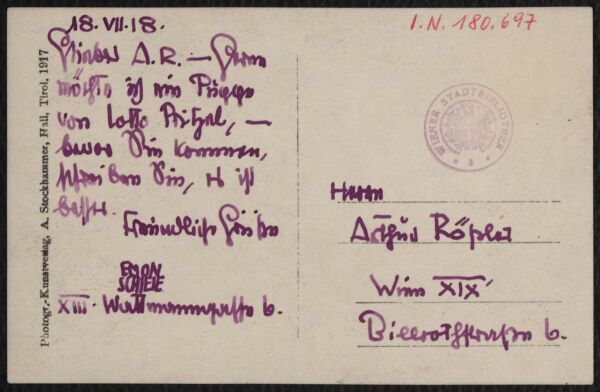 Postcard from Egon Schiele to Arthur Roessler Bild 2
