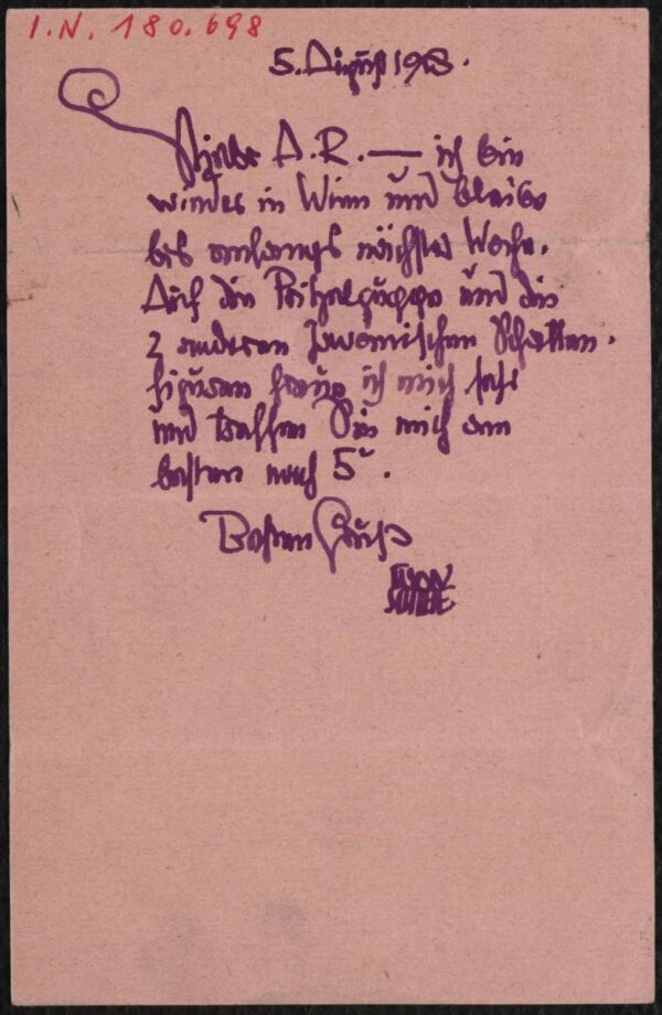 Postkarte von Egon Schiele an Arthur Roessler 
