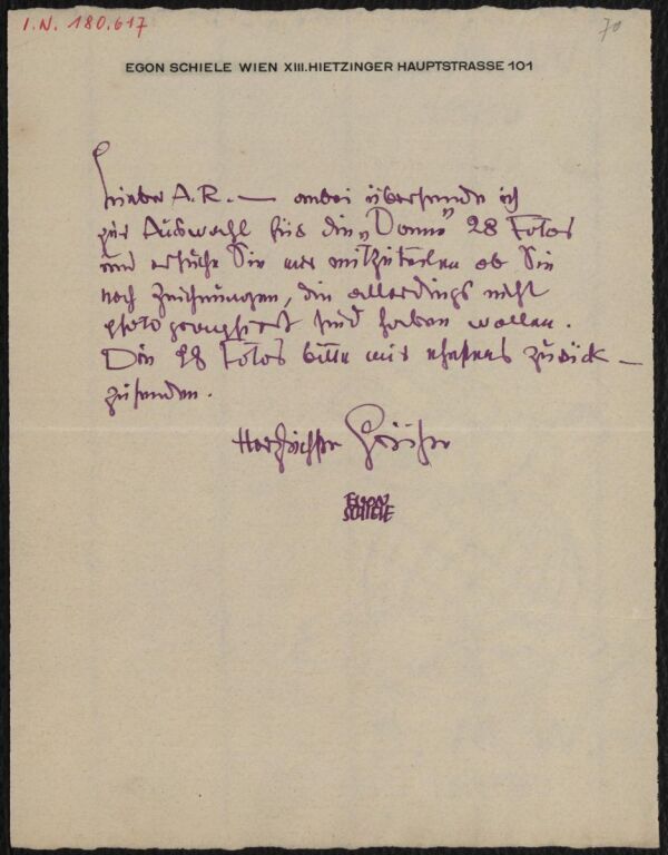 Letter from Egon Schiele to Arthur Roessler 