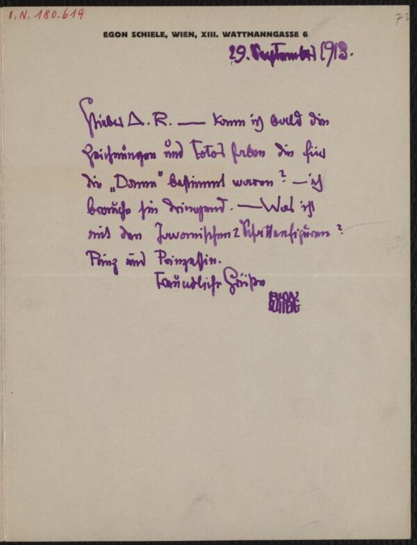 Letter from Egon Schiele to Arthur Roessler 