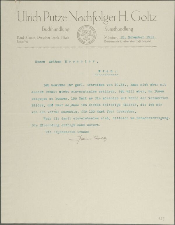 Maschinenschriftlicher Brief von Hans Goltz an Arthur Roessler 
