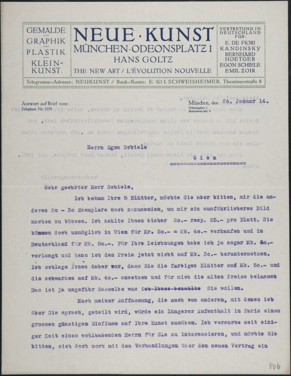 Maschinenschriftlicher Brief von Hans Goltz an Egon Schiele 