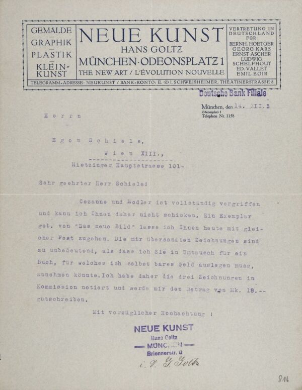 Maschinenschriftlicher Brief in Vertretung von Hans Goltz an Egon Schiele 