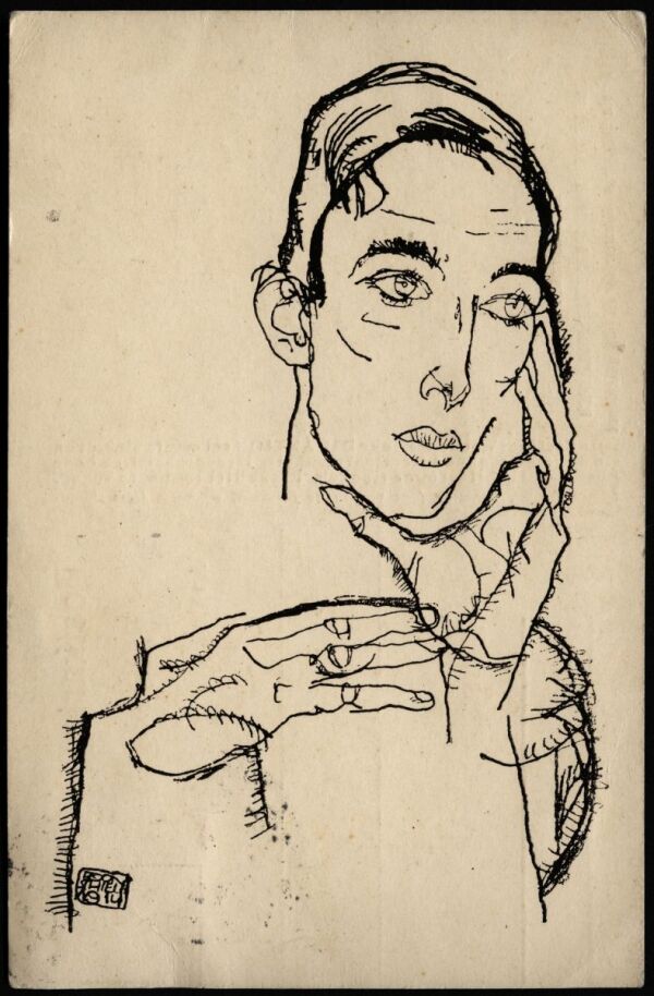 Postkarte von Egon Schiele und Edith und Adele Harms an Heinrich Benesch