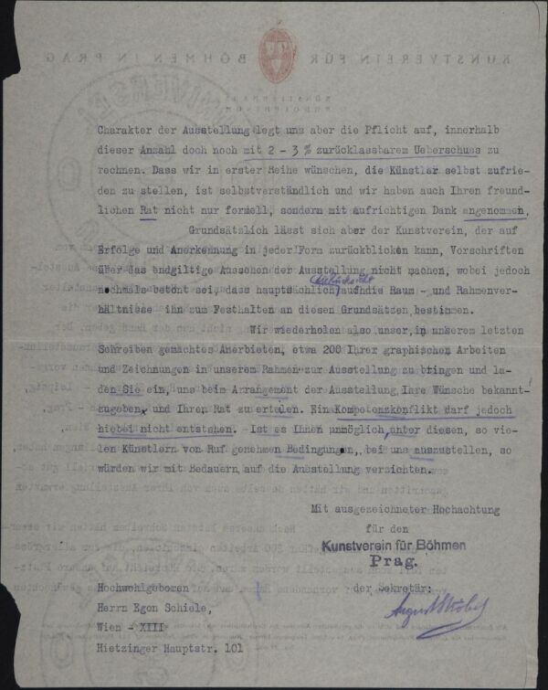 Typewritten letter from the Bohemian Kunstverein in Prague/Künstlerhaus Rudolphinum to Egon Schiele Bild 2