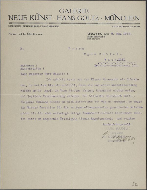 Typewritten letter from Hans Goltz to Egon Schiele Bild 1