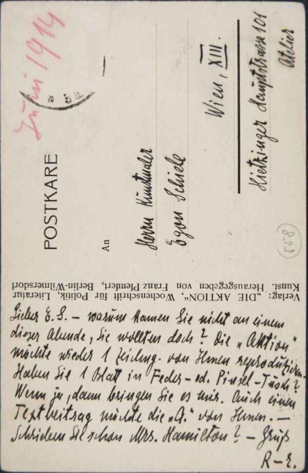 Postkarte von Arthur Roessler an Egon Schiele Bild 2