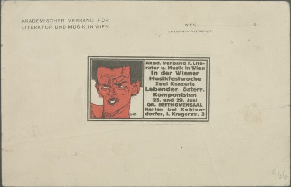 Postcard of the Akademischer Verband für Literatur und Musik with a depiction of Schiele’s “Red Head”