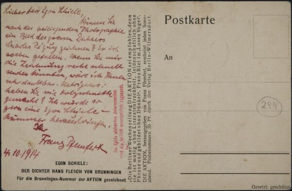Postcard from Franz Pfemfert/Die Aktion to Egon Schiele Bild 2