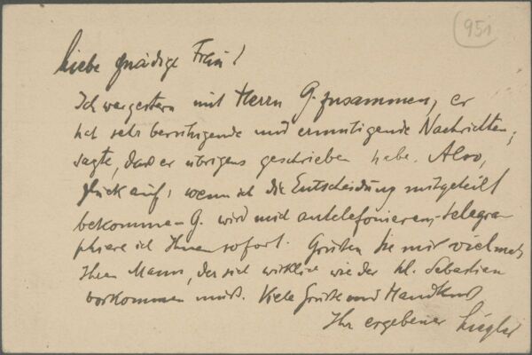 Postkarte von Leopold Liegler an Edith Schiele 