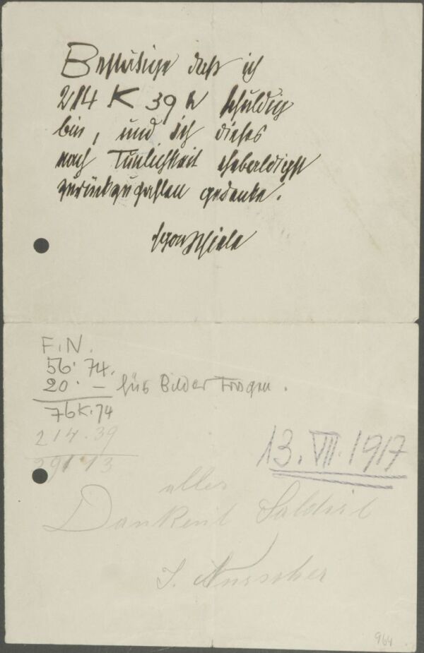 Bestätigung von Egon Schiele an Ignaz Nurscher 