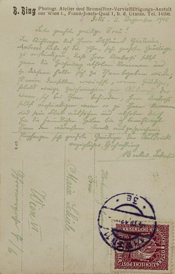 Postkarte vom Sekretär von Gustinus Ambrosi an Marie Schiele Bild 2
