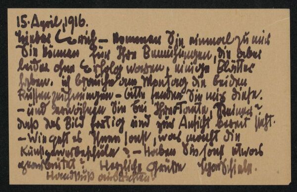 Visitkarte von Egon Schiele mit einer Notiz für Erich Lederer 