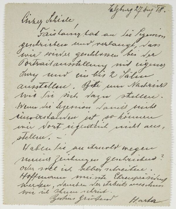 Brief von Felix Albrecht Harta an Egon Schiele 