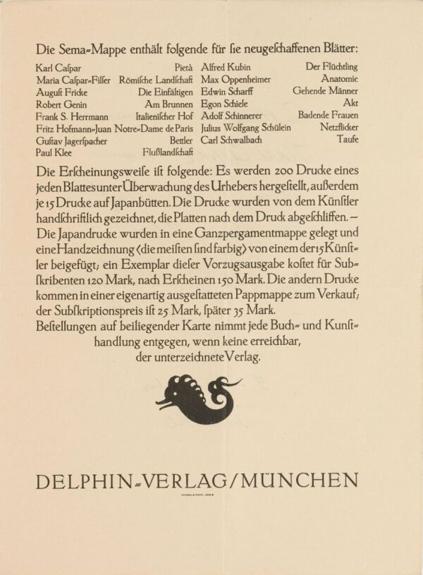 Gedruckter Prospekt des Delphin-Verlags, München mit der Ankündigung der Sema-Mappe Bild 3