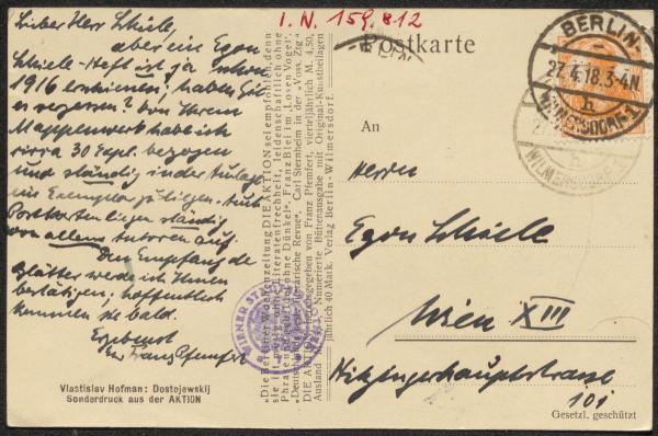 Postkarte von Franz Pfemfert/Die Aktion an Egon Schiele Bild 2