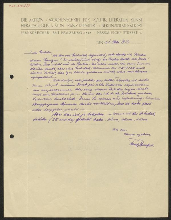 Brief von Franz Pfemfert/Die Aktion an Arthur Roessler Bild 1