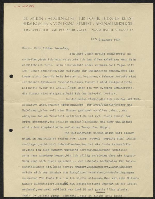 Maschinenschriftlicher Brief von Franz Pfemfert/Die Aktion an Arthur Roessler