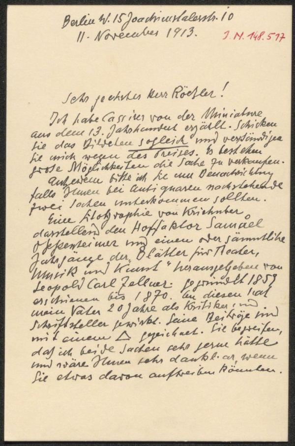 Brief von Max Oppenheimer an Arthur Roessler