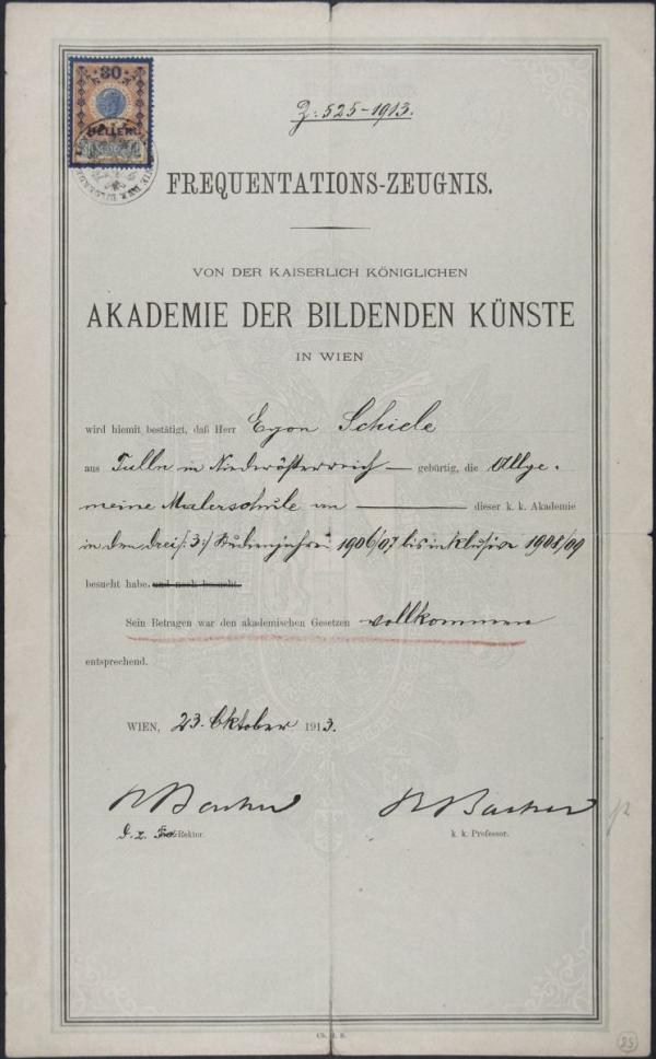 Frequentationszeugnis der Akademie der bildenden Künste für Egon Schiele für die Studienjahre 1906–1909 