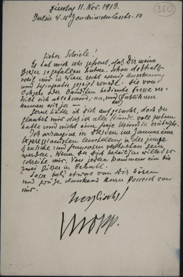 Letter from Max Oppenheimer to Egon Schiele