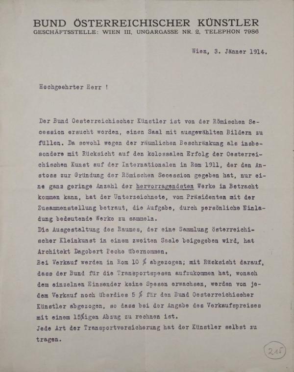 Maschinenschriftlicher Brief von Rudolf Junk/Bund Österreichischer Künstler an Egon Schiele 