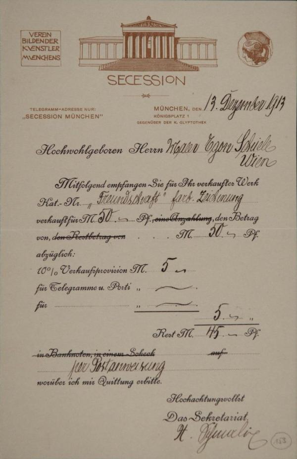 Brief der Münchener Secession an Egon Schiele 