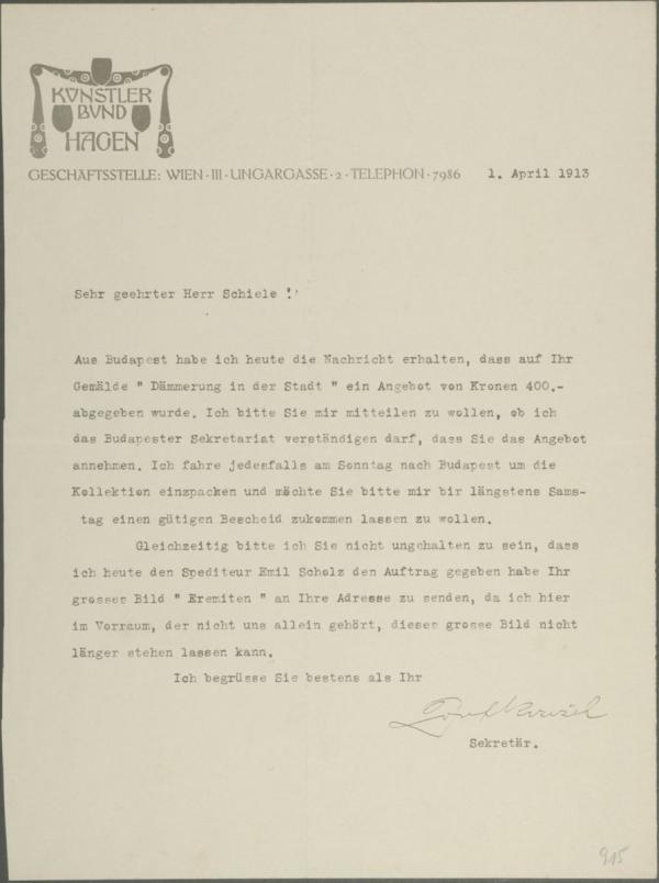 Typewritten letter from Josef Krzicek/Hagenbund to Egon Schiele 