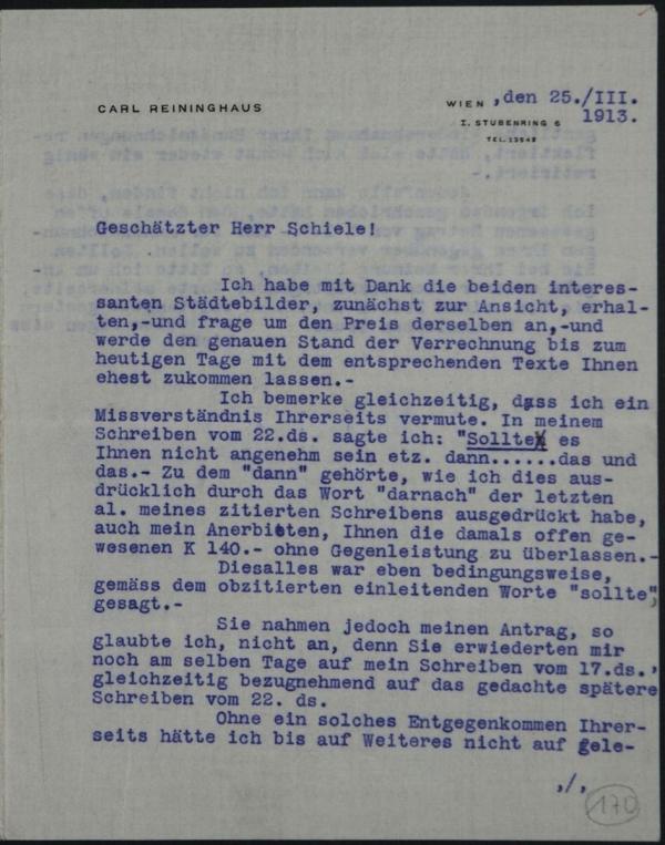 Typewritten letter from Carl Reininghaus to Egon Schiele 