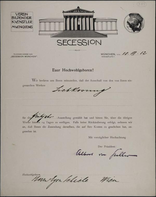 Letter from the Munich Secession to Egon Schiele Bild 1