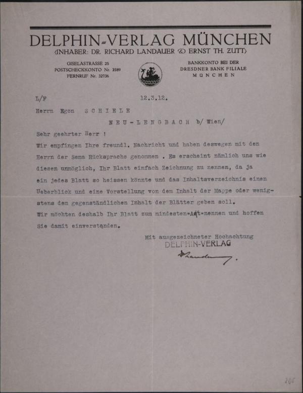 Typewritten letter from Richard Landauer/Delphin-Verlag to Egon Schiele