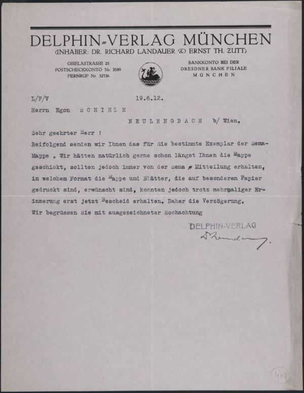 Typewritten letter from Richard Landauer/Delphin-Verlag to Egon Schiele