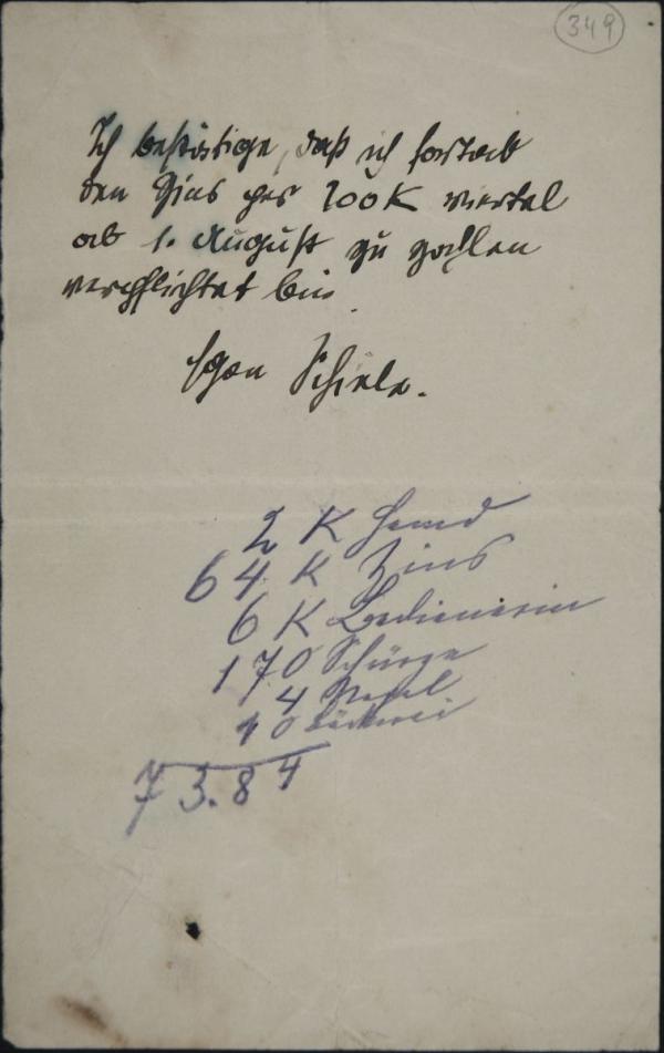 Bestätigung von Egon Schiele bezüglich Mietzins 