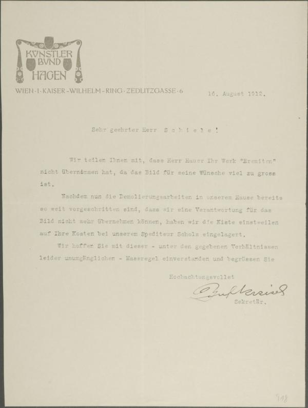 Typewritten letter from Josef Krzicek/Hagenbund to Egon Schiele
