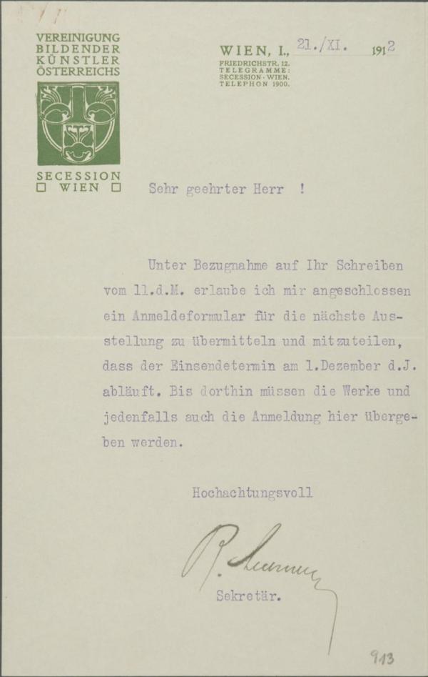 Typewritten letter from Rudolf Lechner/Vienna Secession to Egon Schiele 