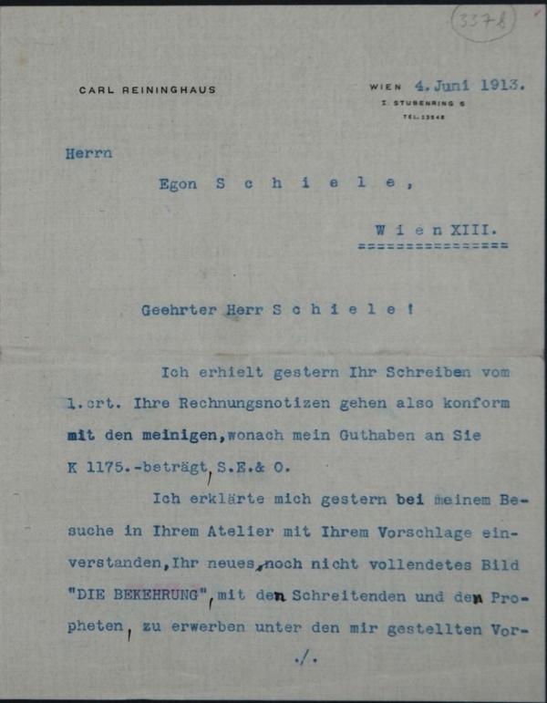 Typewritten letter from Carl Reininghaus to Egon Schiele 