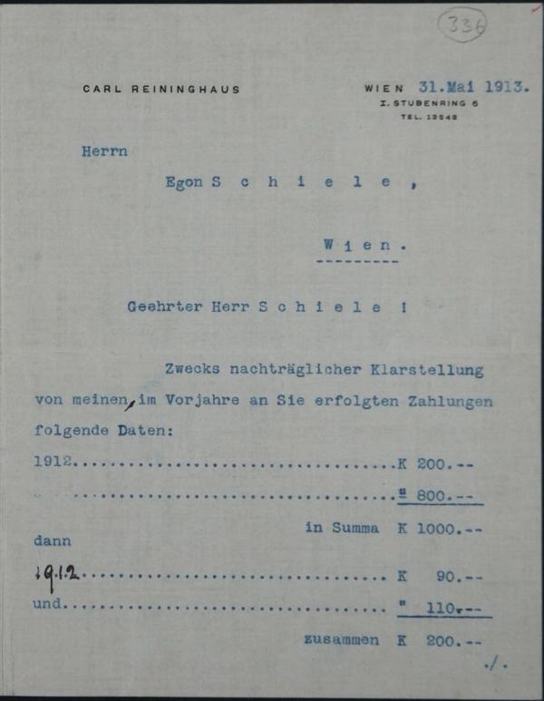 Typewritten letter from Carl Reininghaus to Egon Schiele Bild 1