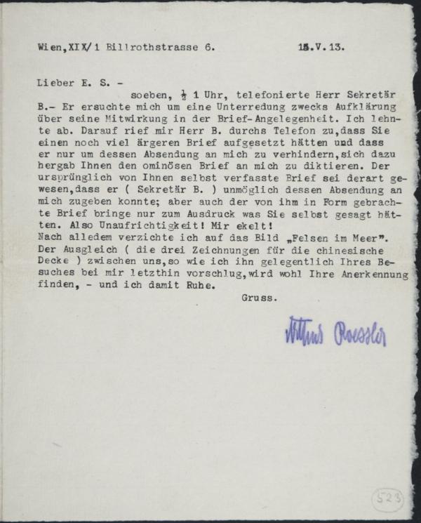 Typewritten letter from Arthur Roessler to Egon Schiele 