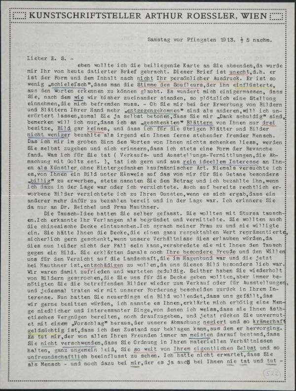 Maschinenschriftlicher Brief von Arthur Roessler an Egon Schiele
