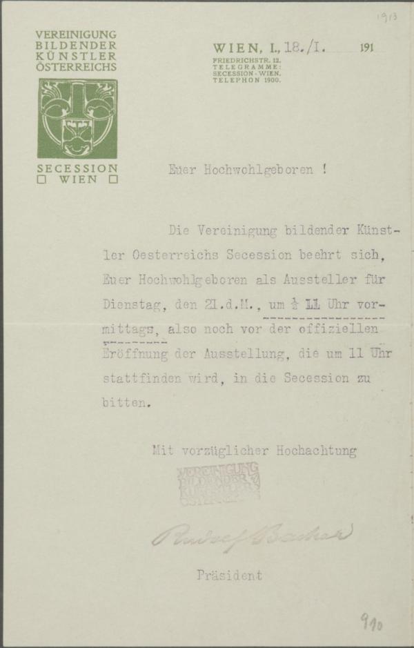 Maschinenschriftlicher Brief von Rudolf Bacher/Wiener Secession an Egon Schiele 